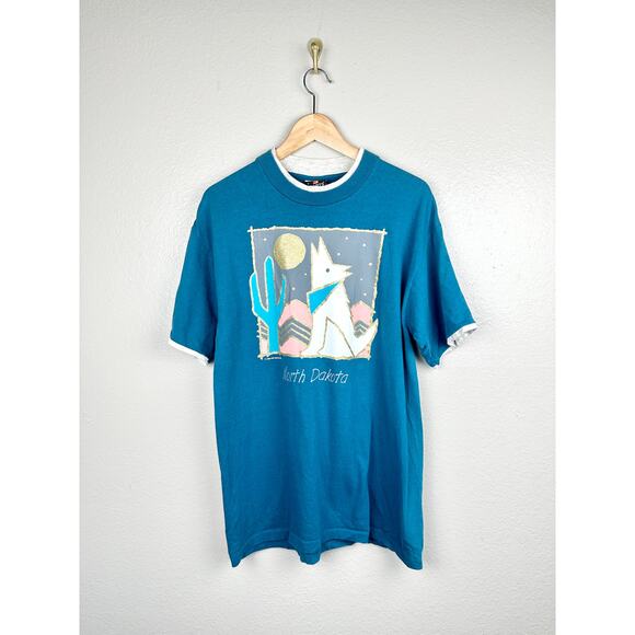 Vintage 90s North Dakota Wolf Cactus Moon Graphic Tee T Shirt Crewneck Top L - Picture 14 of 14